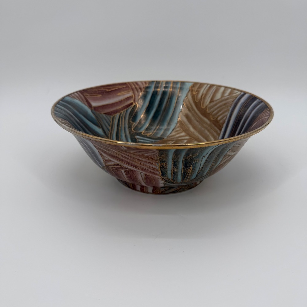 Vintage Abstract Ceramic Decorative Bowl Gold Accents Textured Blue Burgundy